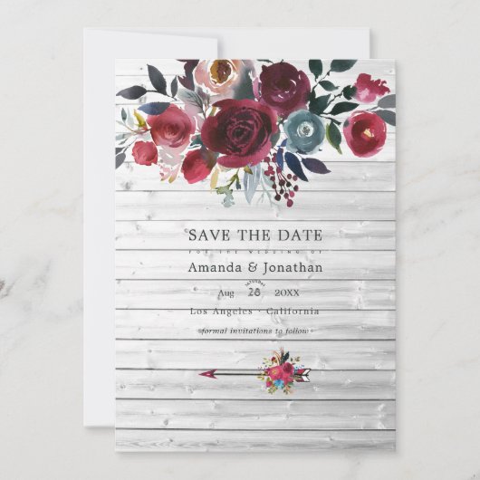 Rustikale Boho Chic Burgundy und blumenreiche Hoch Save The Date (Vorderseite)