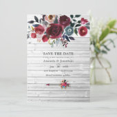 Rustikale Boho Chic Burgundy und blumenreiche Hoch Save The Date (Stehend Vorderseite)