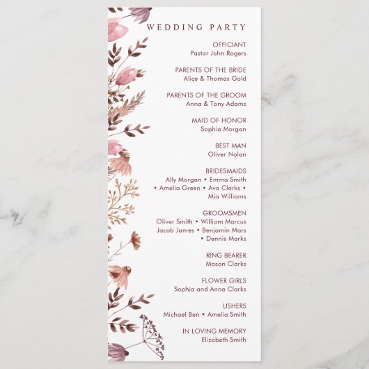 Rustikale Boho Chic Fall Wildblumen Blumenhochzeit Programm (Rückseite)