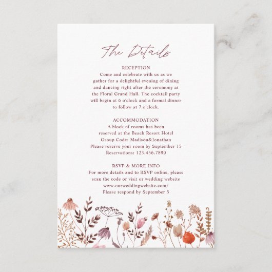 Rustikale Boho Chic Fall Wildblumen Hochzeitsdetai Begleitkarte (Vorderseite)