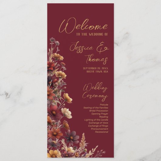 Rustikale Boho-Chic-Wildblumen-Burgunder-Hochzeit Programm (Vorderseite)