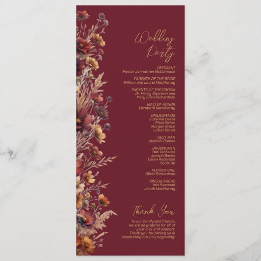 Rustikale Boho-Chic-Wildblumen-Burgunder-Hochzeit Programm (Rückseite)