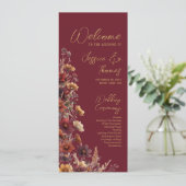 Rustikale Boho-Chic-Wildblumen-Burgunder-Hochzeit Programm (Stehend Vorderseite)