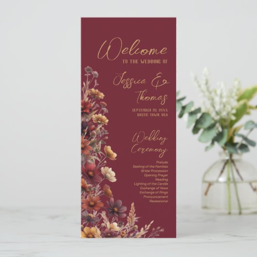 Rustikale Boho-Chic-Wildblumen-Burgunder-Hochzeit Programm (Stehend Vorderseite)