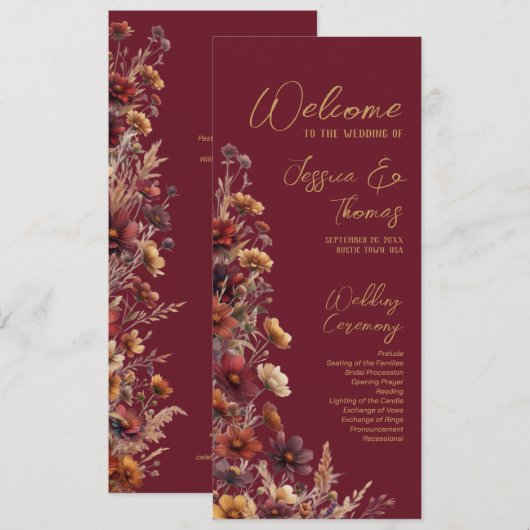 Rustikale Boho-Chic-Wildblumen-Burgunder-Hochzeit Programm (Vorne/Hinten)