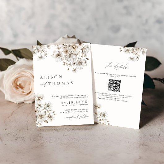 Rustikale Boho-Creme-Blumen-QR-Code-Hochzeit Einladung