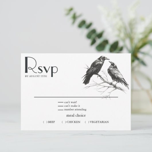 Rustikale BOHO Crow Lovers RSVP Karte (Stehend Vorderseite)