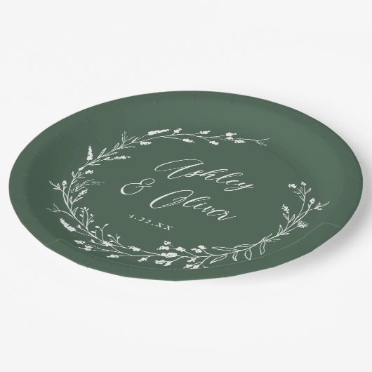 Rustikale Boho Dark Green Wildblume Blumenhochzeit Pappteller (Schrägansicht)