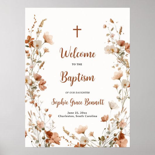 Rustikale Boho Dusty Rose Wildblume Taufe Willkomm Poster (Vorne)