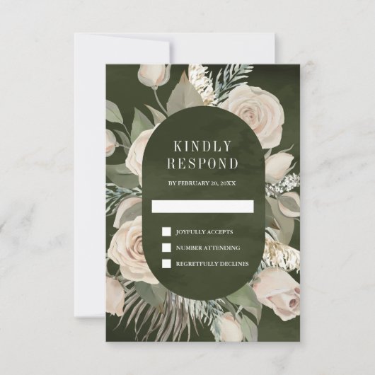 Rustikale Boho Elfenbein-Rose Dunkle Seite Grüne H RSVP Karte (Vorderseite)