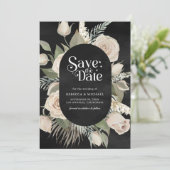 Rustikale Boho Elfenbein-Rose sagen Black Wedding Save The Date (Stehend Vorderseite)