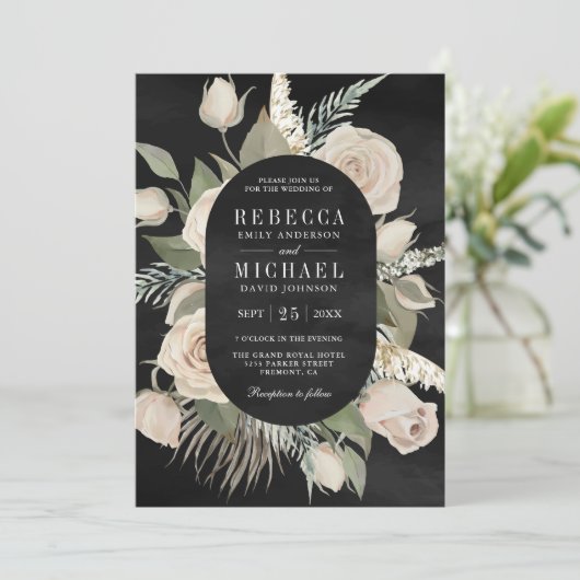 Rustikale Boho-Elfenbein-Rose zeigen grüne Schwarz Einladung (Stehend Vorderseite)