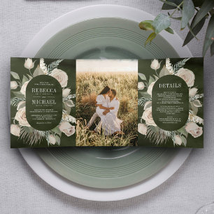 Rustikale Boho Elfenbein Rosen Dunkelgrün Hochzeit Dreifach Gefaltete Einladung