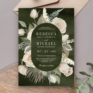 Rustikale Boho Elfenbein Rosen Dunkelgrün Hochzeit Einladung