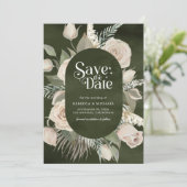 Rustikale Boho-Elfenbeinrosen Dunkle Salbei-Hochze Save The Date (Stehend Vorderseite)