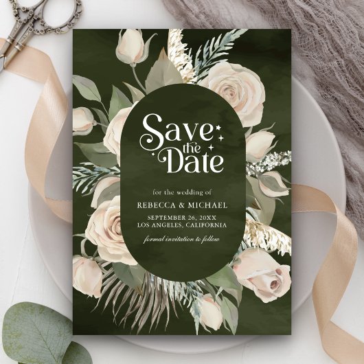 Rustikale Boho-Elfenbeinrosen Dunkle Salbei-Hochze Save The Date
