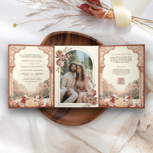 Rustikale Boho-Erde Florale Indische Kuh-Hochzeit Dreifach Gefaltete Einladung