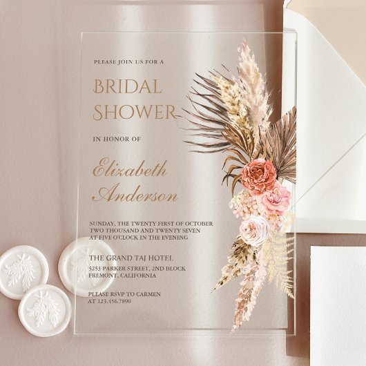 Rustikale Boho-Erde Florale Pampas-Brautparty Acryleinladungen