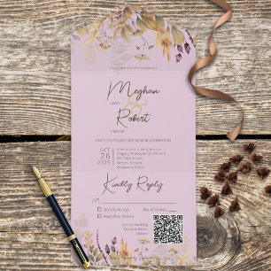 Rustikale Boho Fall-Wildblumen Lila QR-Code All In One Einladung