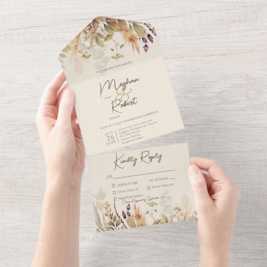 Rustikale Boho Fall Wildblumen Tan Dinner All In One Einladung (Abreißen)