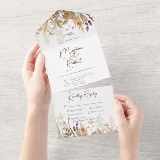 Rustikale Boho Fall Wildblumen Weißes Abendessen All In One Einladung (Abreißen)