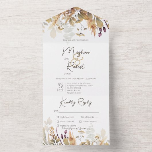 Rustikale Boho Fall Wildblumen Weißes Abendessen All In One Einladung (Innen Boden)