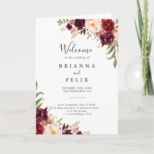 Rustikale Boho farbenfrohe, blumengedeckte Hochzei Programm (Vorderseite)