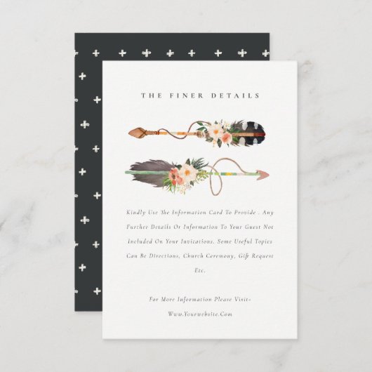 Rustikale Boho Feather Blumenarrow Hochzeitsdetail Begleitkarte (Vorne/Hinten)