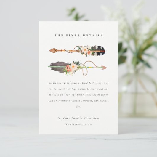 Rustikale Boho Feather Blumenarrow Hochzeitsdetail Begleitkarte (Stehend Vorderseite)