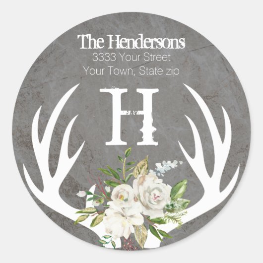 Rustikale Boho Floral Antlers Monogramm-Rücksendea Runder Aufkleber (Vorderseite)