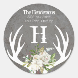 Rustikale Boho Floral Antlers Monogramm-Rücksendea Runder Aufkleber