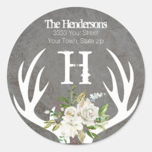 Rustikale Boho Floral Antlers Monogramm-Rücksendea Runder Aufkleber