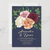 Rustikale Boho Floral Burgundy und Navy Blue Weddi Einladung (Vorderseite)