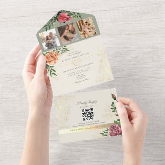 Rustikale Boho Floral Peach and Sage Green Wedding All In One Einladung (Abreißen)