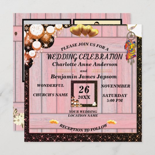 Rustikale Boho Golden Glitzer Rosa Holzverheiratun Einladung (Vorne/Hinten)