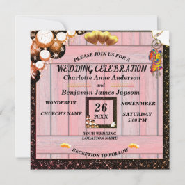 Rustikale Boho Golden Glitzer Rosa Holzverheiratun Einladung