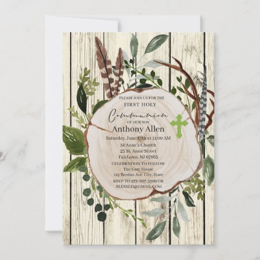 Rustikale Boho Greenery Erste Heilige Kommunion Einladung (Vorderseite)