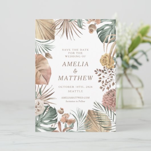 Rustikale Boho Greenery Stilvolle Herbsthochzeit Save The Date (Stehend Vorderseite)