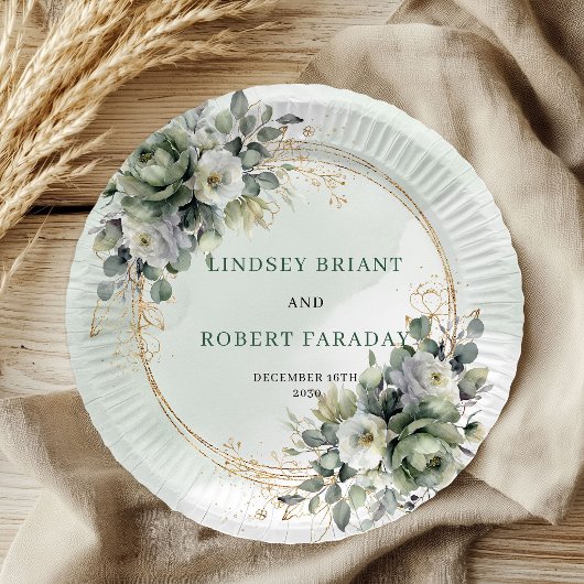 Rustikale Boho-Grünpflanzen und goldene Hochzeitsp Pappteller