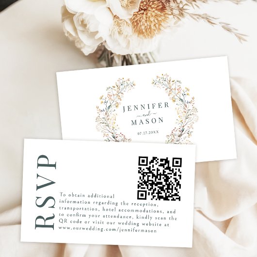Rustikale Boho-Herbst-Blumen-Hochzeits-RSVP-QR-Cod Begleitkarte
