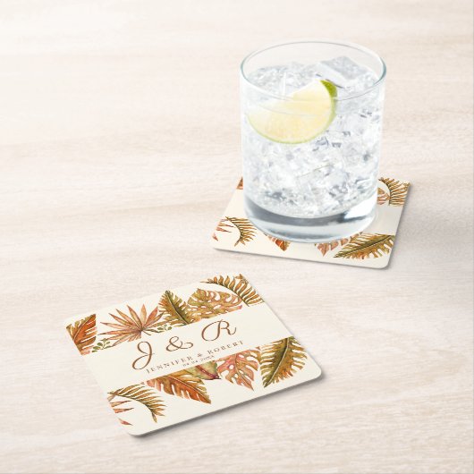 Rustikale Boho Herbst-Foliage-Monogramm-Hochzeit Rechteckiger Pappuntersetzer (Vor Ort)