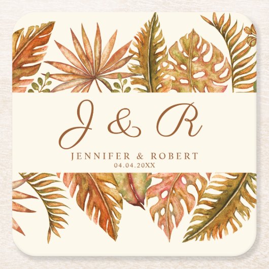 Rustikale Boho Herbst-Foliage-Monogramm-Hochzeit Rechteckiger Pappuntersetzer (Vorderseite)