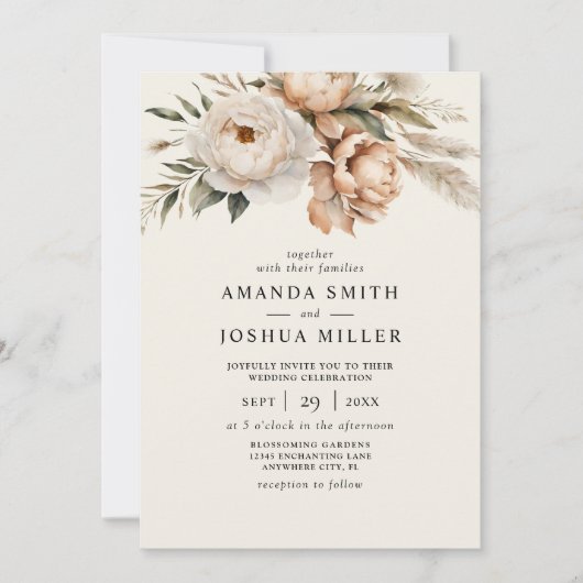 Rustikale Boho-Hochzeit mit floralen Getränken und Einladung (Vorderseite)