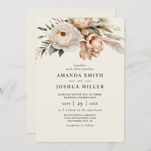 Rustikale Boho-Hochzeit mit floralen Getränken und Einladung (Vorne/Hinten)