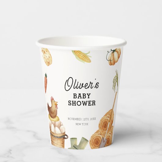 Rustikale Boho KinderBaby-Dusche auf der Bauernhöf Pappbecher (Rückseite)