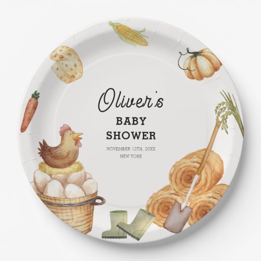 Rustikale Boho KinderBaby-Dusche auf der Bauernhöf Pappteller (Vorderseite)