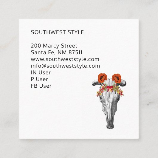 Rustikale Boho Kuh Skull & Earthy Wasserfarbe Quadratische Visitenkarte (Rückseite)
