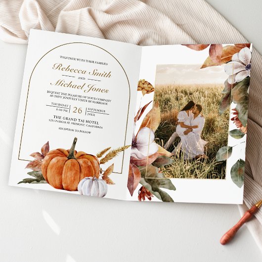 Rustikale Boho-Kürbis-Foto-QR-Code-Hochzeit Einladung