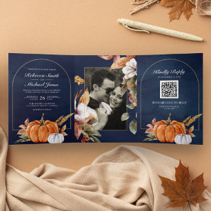 Rustikale Boho-Kürbis-Foto-QR-Code-Navy-Hochzeit Dreifach Gefaltete Einladung