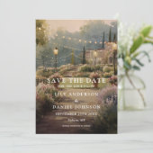 Rustikale Boho-Landgarten-Lichterketten-Hochzeit Save The Date (Stehend Vorderseite)
